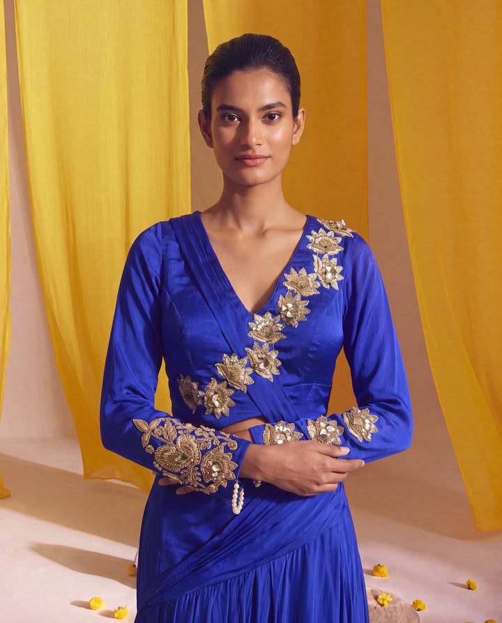 Royal Blue Gold Dimensional Metallic Floral Accented Lehenga Set