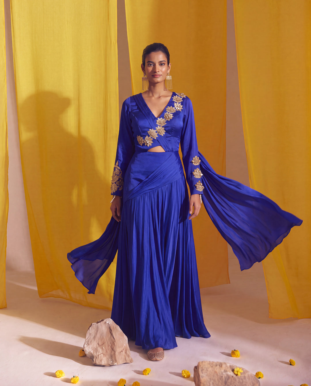 Royal Blue Gold Dimensional Metallic Floral Accented Lehenga Set