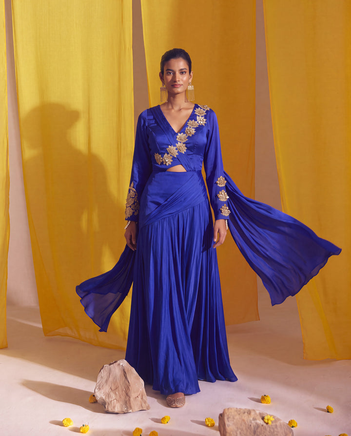 Royal Blue Gold Dimensional Metallic Floral Accented Lehenga Set