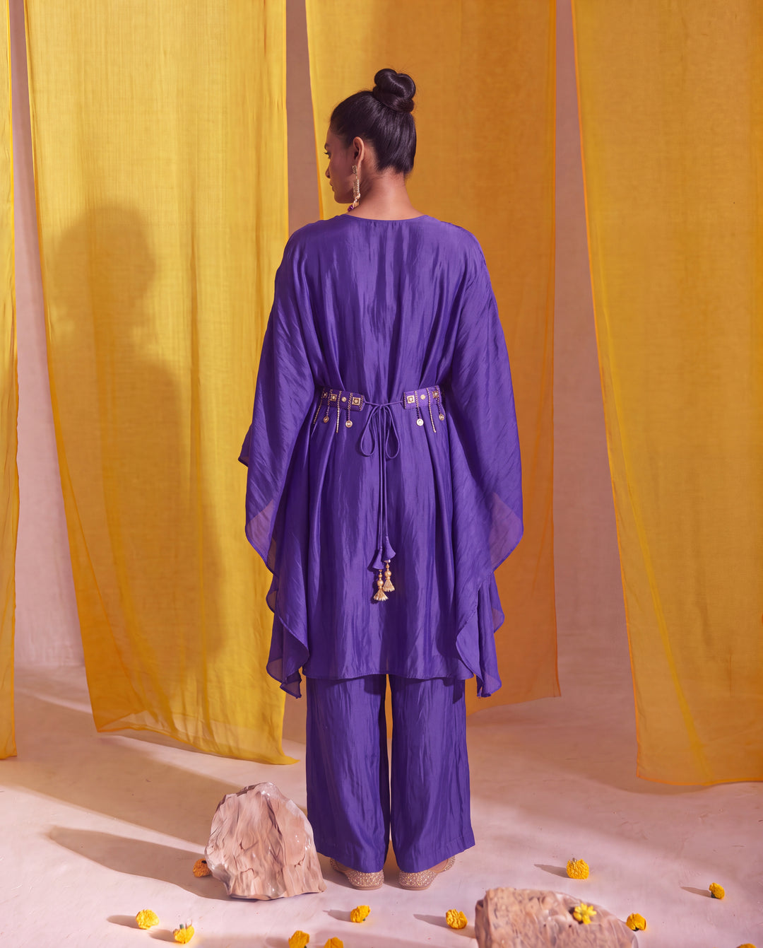 Royal Purple Georgette Satin Kaftan Co-ord Set with Embellished Belt