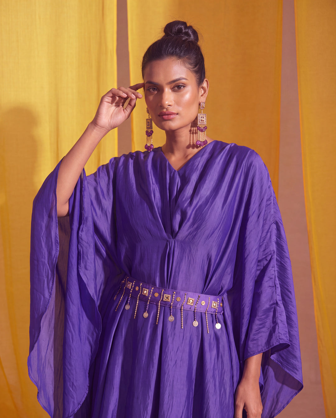 Royal Purple Georgette Satin Kaftan Co-ord Set with Embellished Belt
