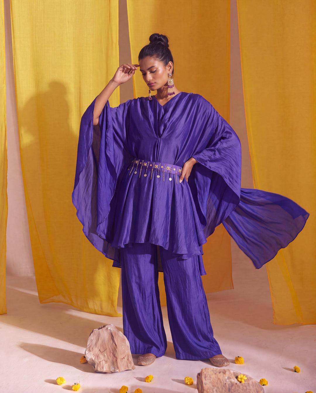 Royal Purple Georgette Satin Kaftan Co-ord Set with Embellished Belt