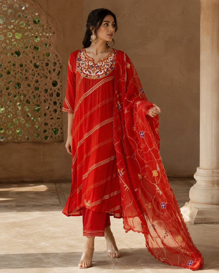 Burnt Orange Hand Embroidered Mul Cotton Kurta Set