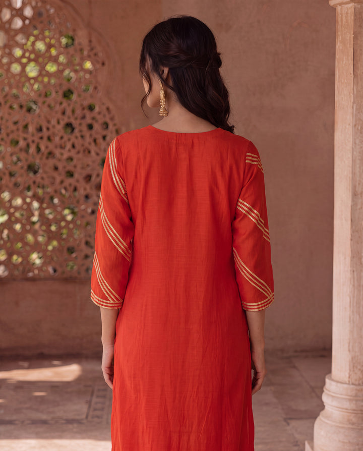 Burnt Orange Hand Embroidered Mul Cotton Kurta Set