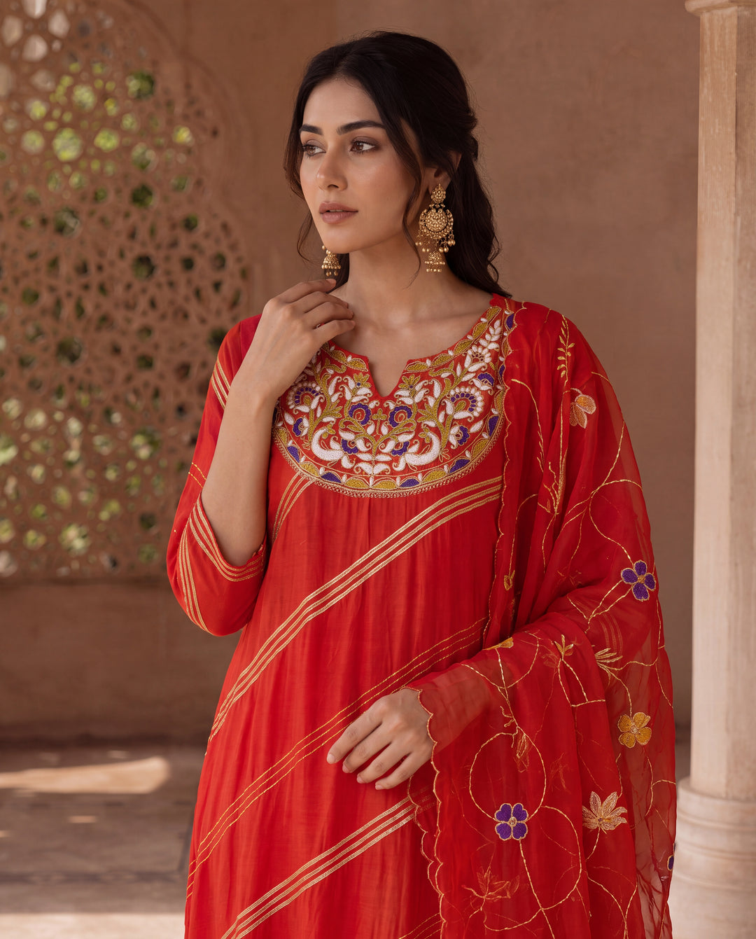 Burnt Orange Hand Embroidered Mul Cotton Kurta Set