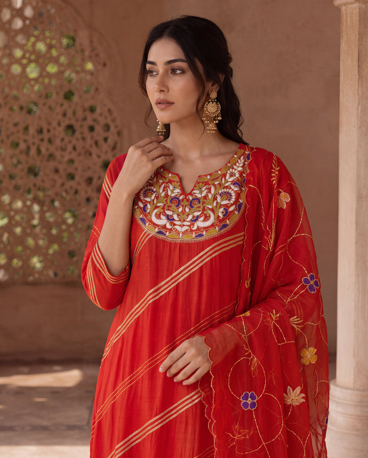 Burnt Orange Hand Embroidered Mul Cotton Kurta Set