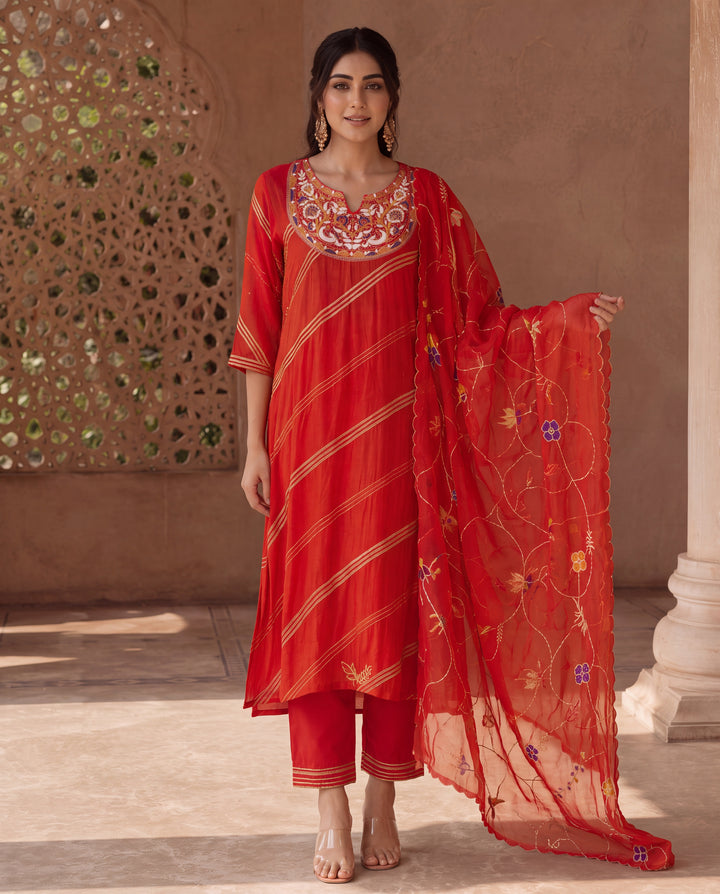 Burnt Orange Hand Embroidered Mul Cotton Kurta Set