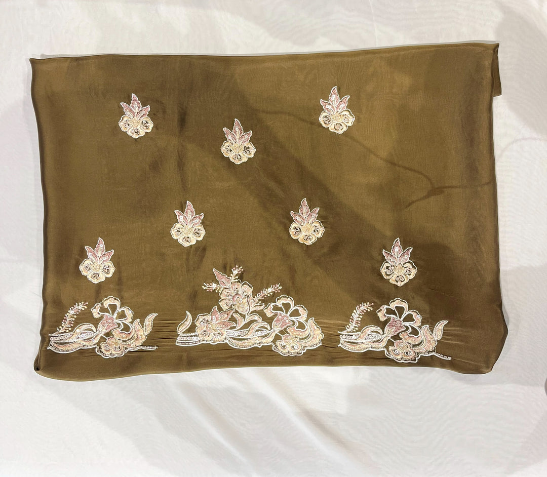 Chocolate Brown soft organza Cutworked Resham and Zari Border  Saree