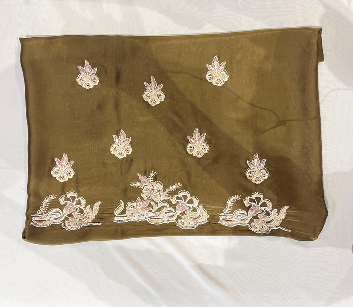 Chocolate Brown soft organza Cutworked Resham and Zari Border  Saree
