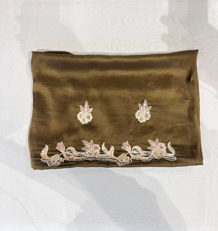 Chocolate Brown soft organza Cutworked Resham and Zari Border  Saree