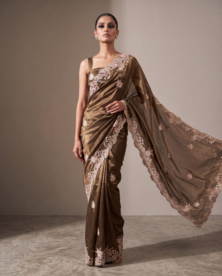 Chocolate Brown soft organza Cutworked Resham and Zari Border  Saree