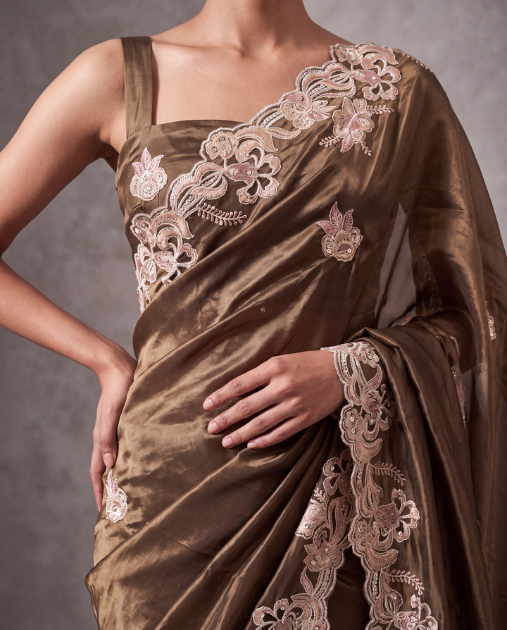 Chocolate Brown soft organza Cutworked Resham and Zari Border  Saree