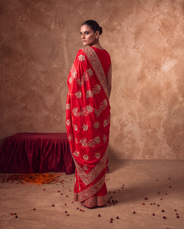 Red Silk Intricate Floral Embroidered Saree