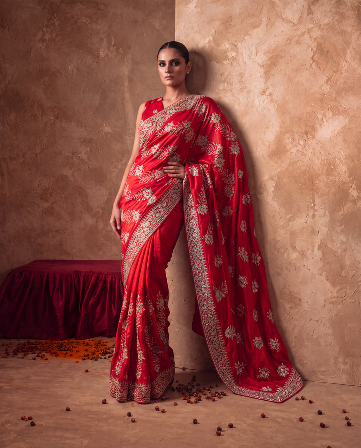 Red Silk Intricate Floral Embroidered Saree