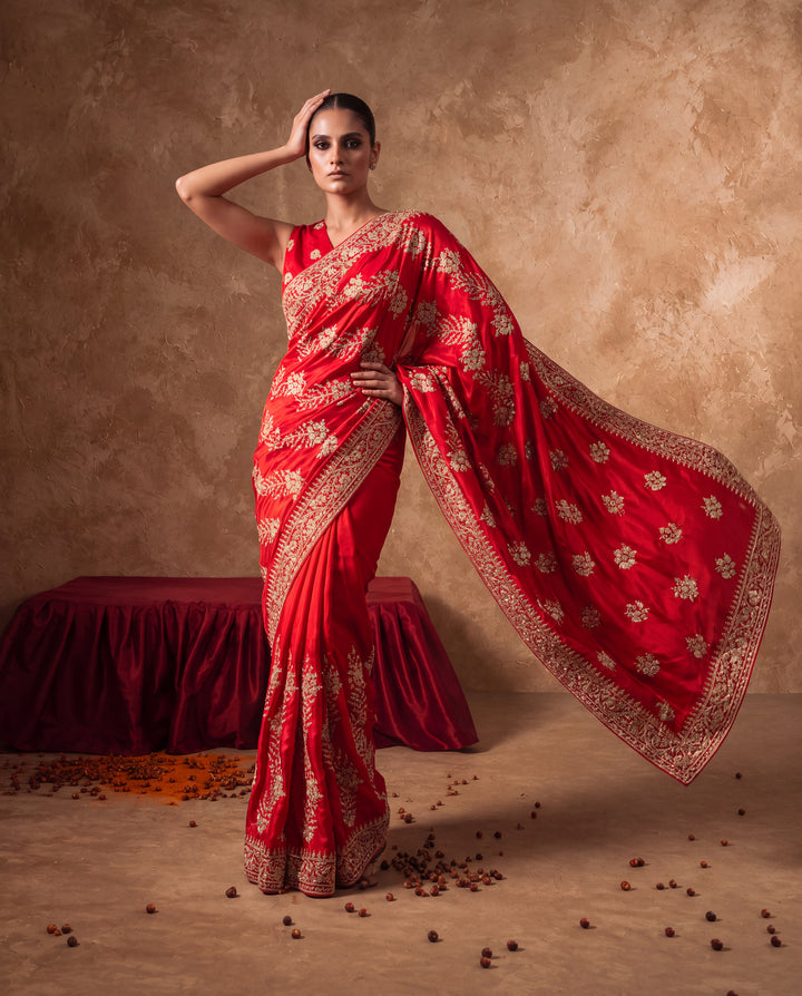 Red Silk Intricate Floral Embroidered Saree