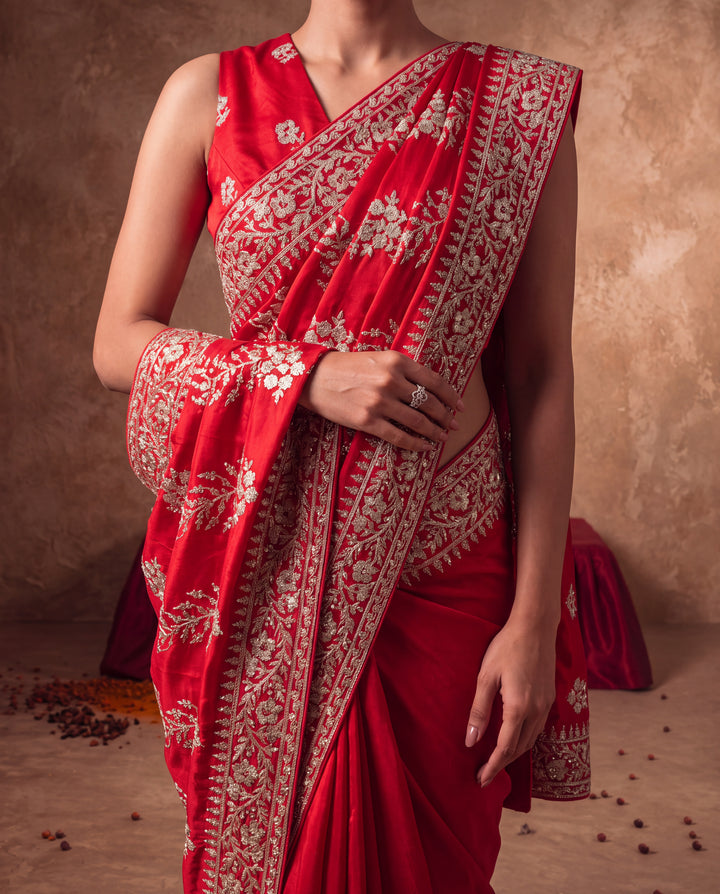 Red Silk Intricate Floral Embroidered Saree