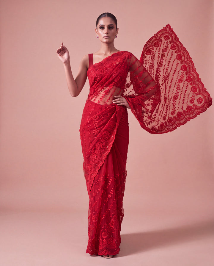 Ruby Red Floral Embroidered Georgette Saree