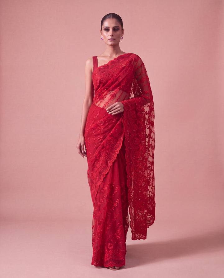 Ruby Red Floral Embroidered Georgette Saree