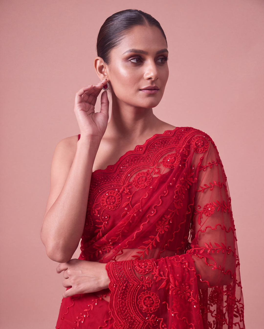 Ruby Red Floral Embroidered Georgette Saree