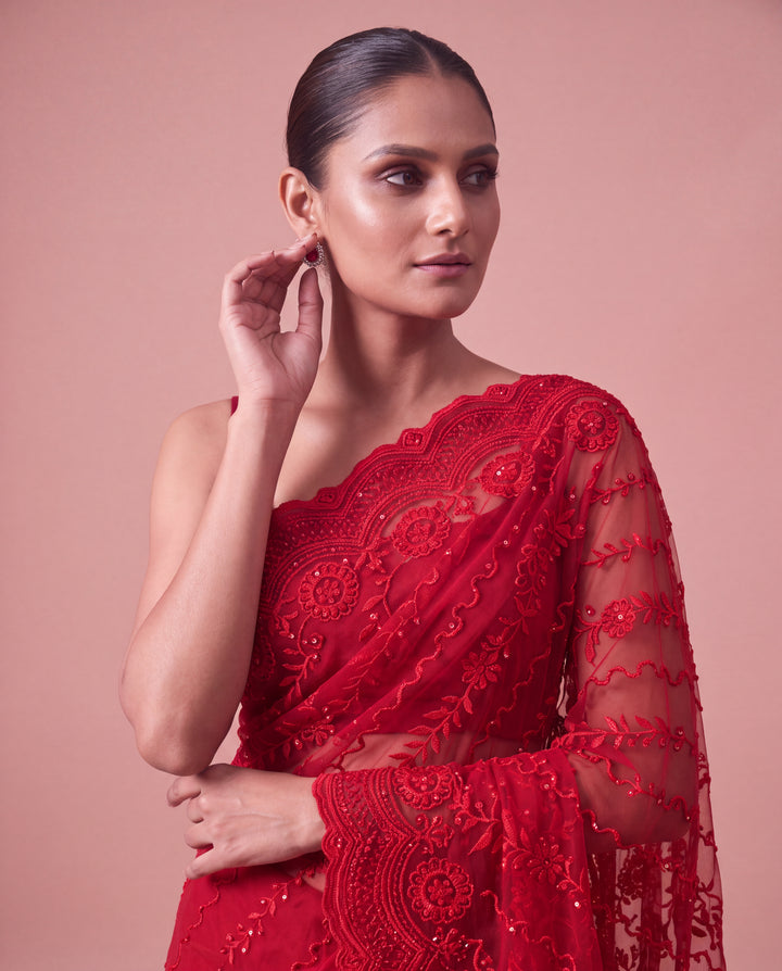 Ruby Red Floral Embroidered Georgette Saree