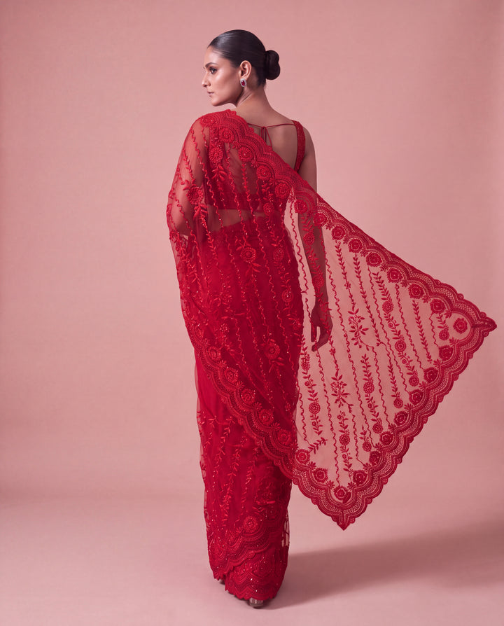 Ruby Red Floral Embroidered Georgette Saree
