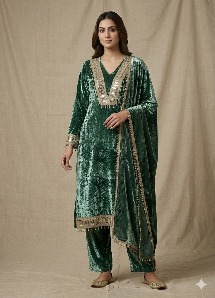 Emerald Royale Mirror-Embellished Crushed Velvet Set