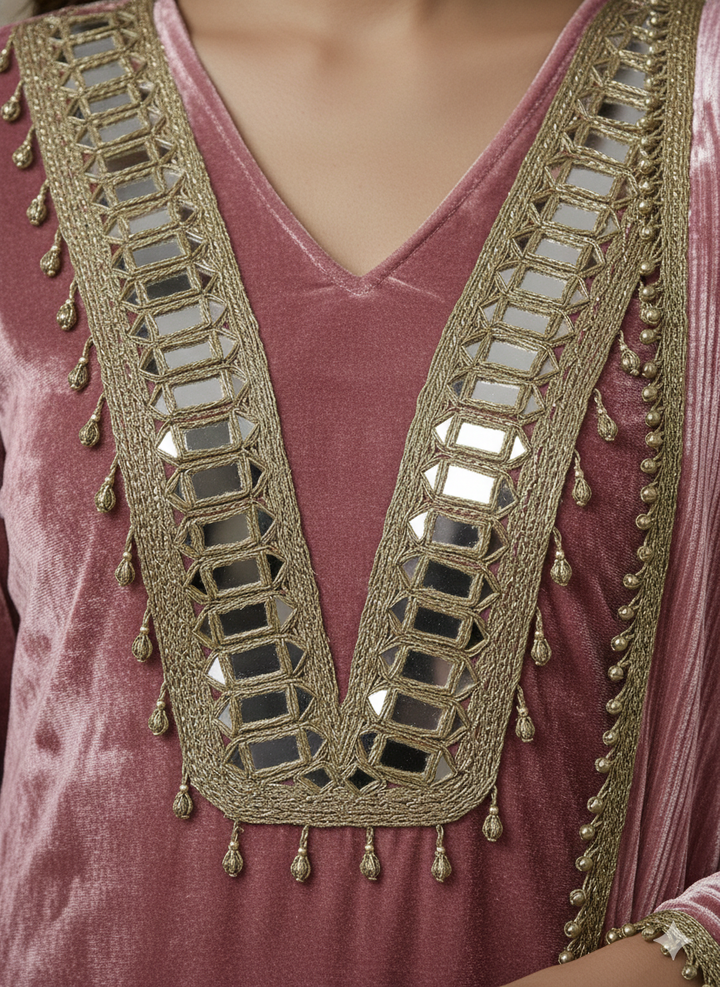 Old Rose Velvet Mirror-Embellished Crushed Velvet Set