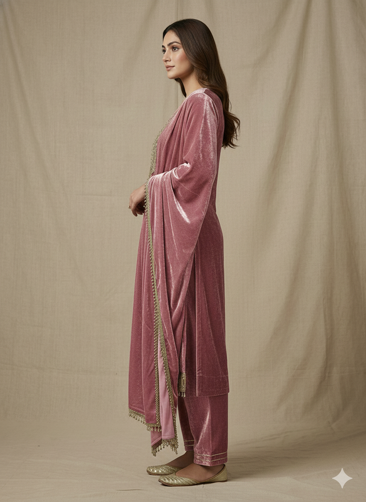 Old Rose Velvet Mirror-Embellished Crushed Velvet Set