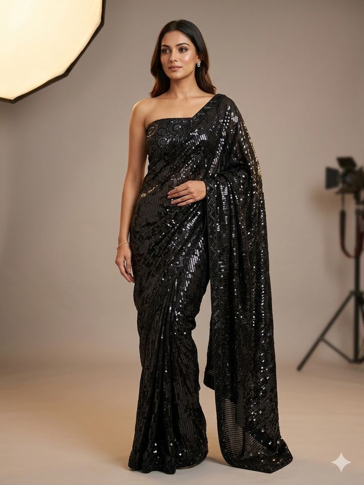 Black Sequin Embellished Saree with Cut Bead Border and Floral Sequin Blouse (Set of 2)