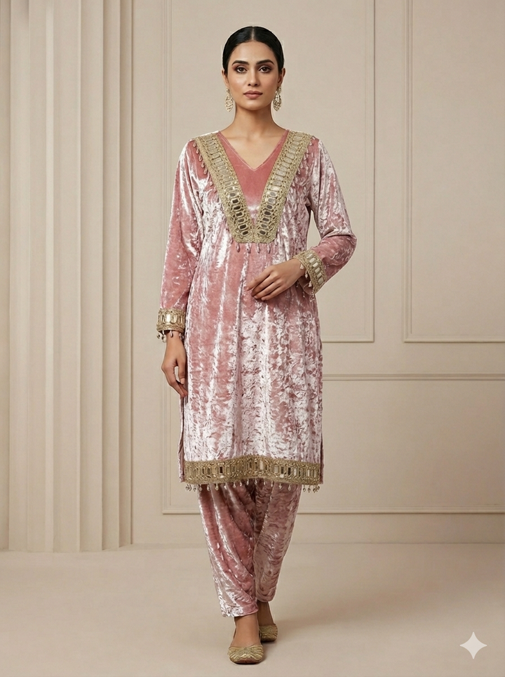 Old Rose Velvet Mirror-Embellished Crushed Velvet Set