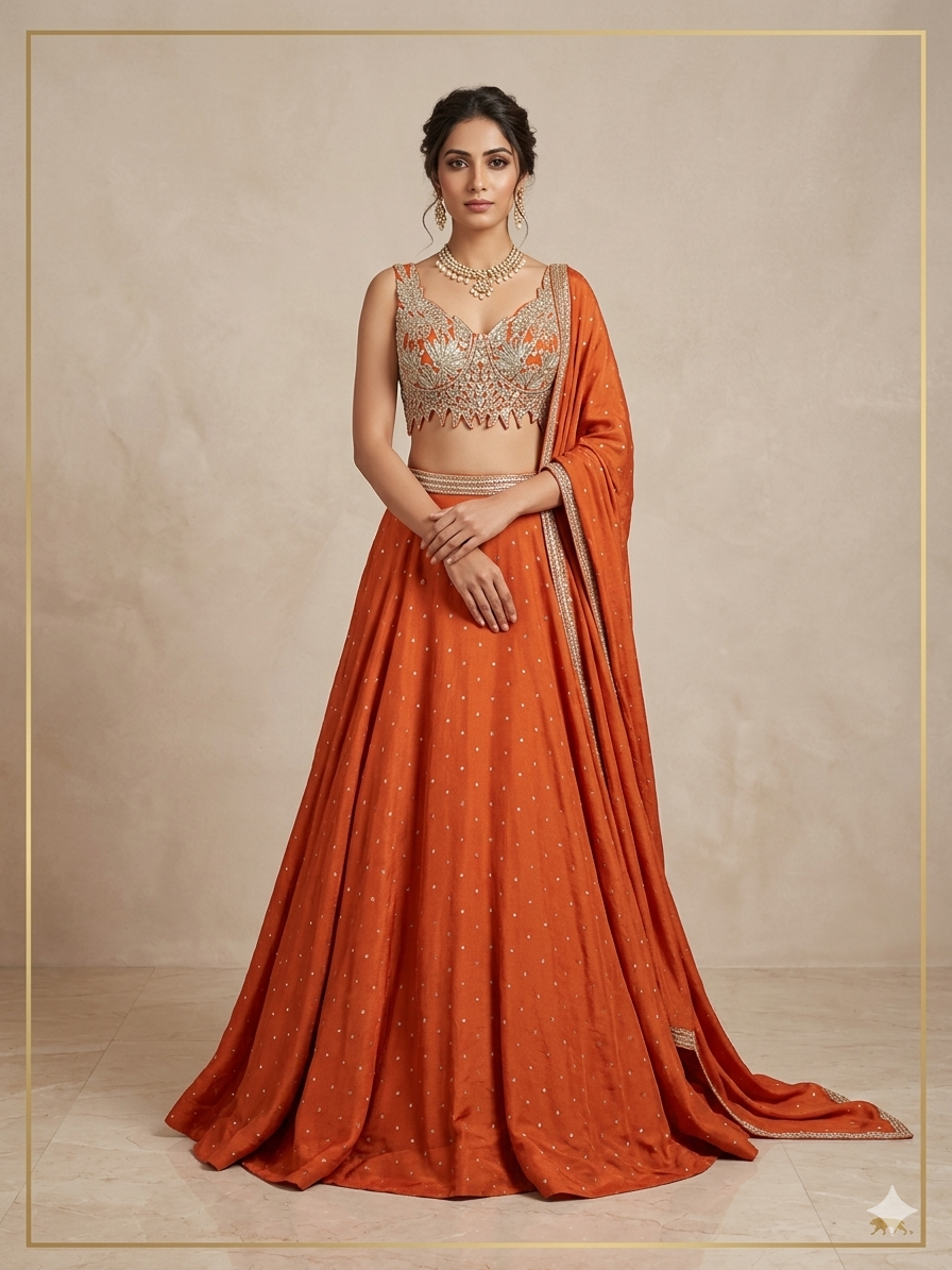 Orange Embellished Lehenga Set with Cutworked Blouse