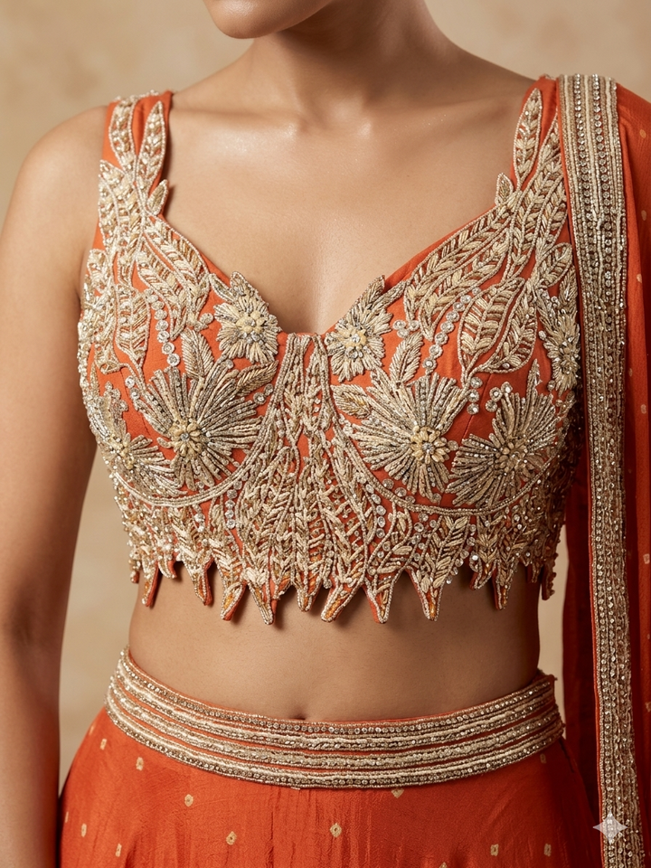 Orange Embellished Lehenga Set with Cutworked Blouse