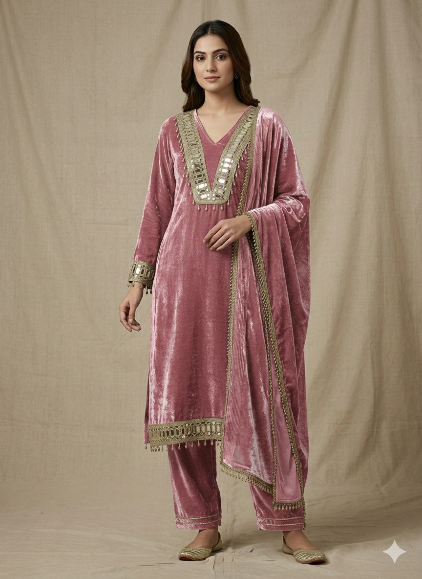 Old Rose Velvet Mirror-Embellished Crushed Velvet Set