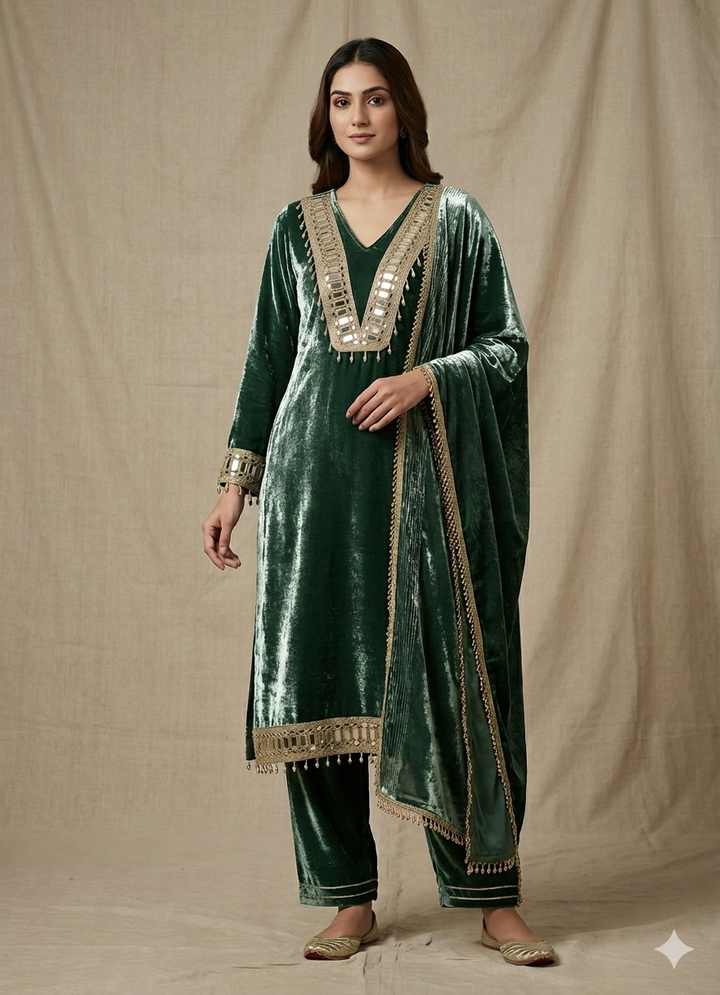 Emerald Royale Mirror-Embellished Crushed Velvet Set