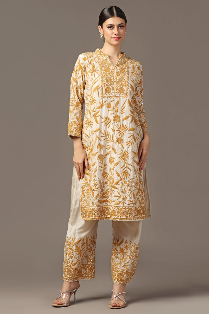 MUSTARD YELLOW PARSI EMBROIDERED JAAL KURTA PAIRED WITH PANTS AND ORGANZA DUPATTA