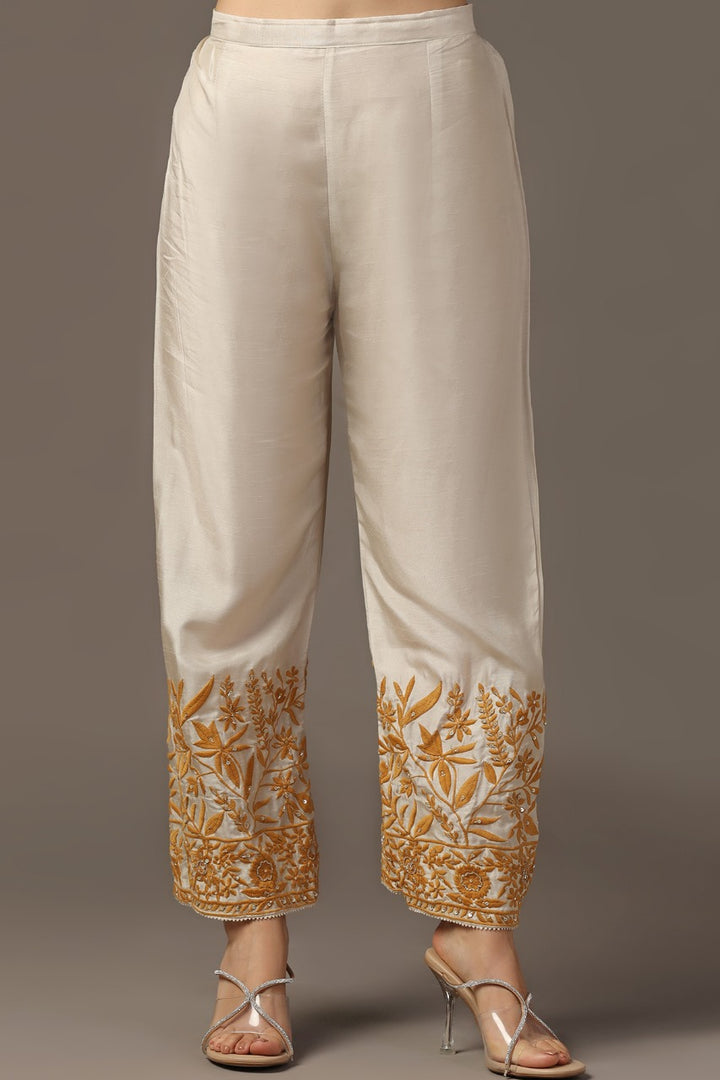 MUSTARD YELLOW PARSI EMBROIDERED JAAL KURTA PAIRED WITH PANTS AND ORGANZA DUPATTA