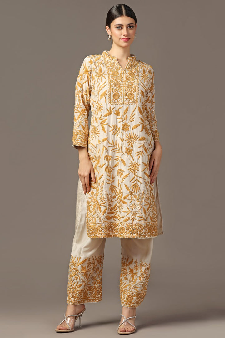 MUSTARD YELLOW PARSI EMBROIDERED JAAL KURTA PAIRED WITH PANTS AND ORGANZA DUPATTA