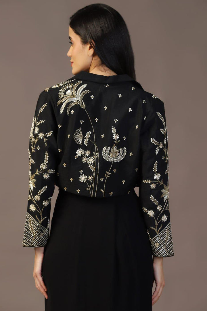 BLACK  TOP WITH DRAPED SKIRT AND  EMBROIDERED JACKET