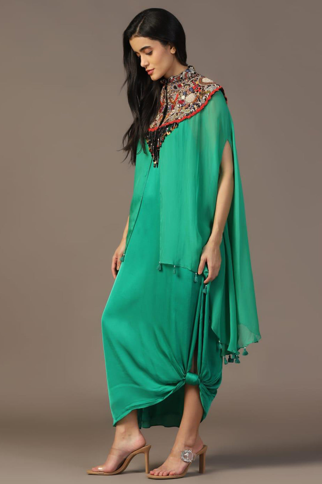 LEAF GREEN GOWN WITH EMBROIDERED CAPE