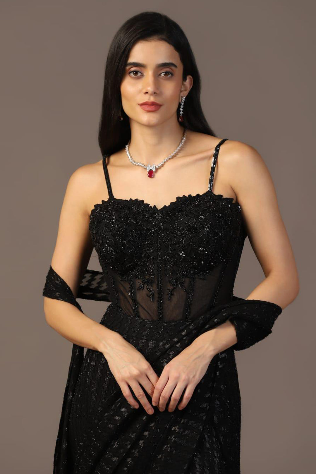 BLACK EMBROIDERED CORSET SAREE