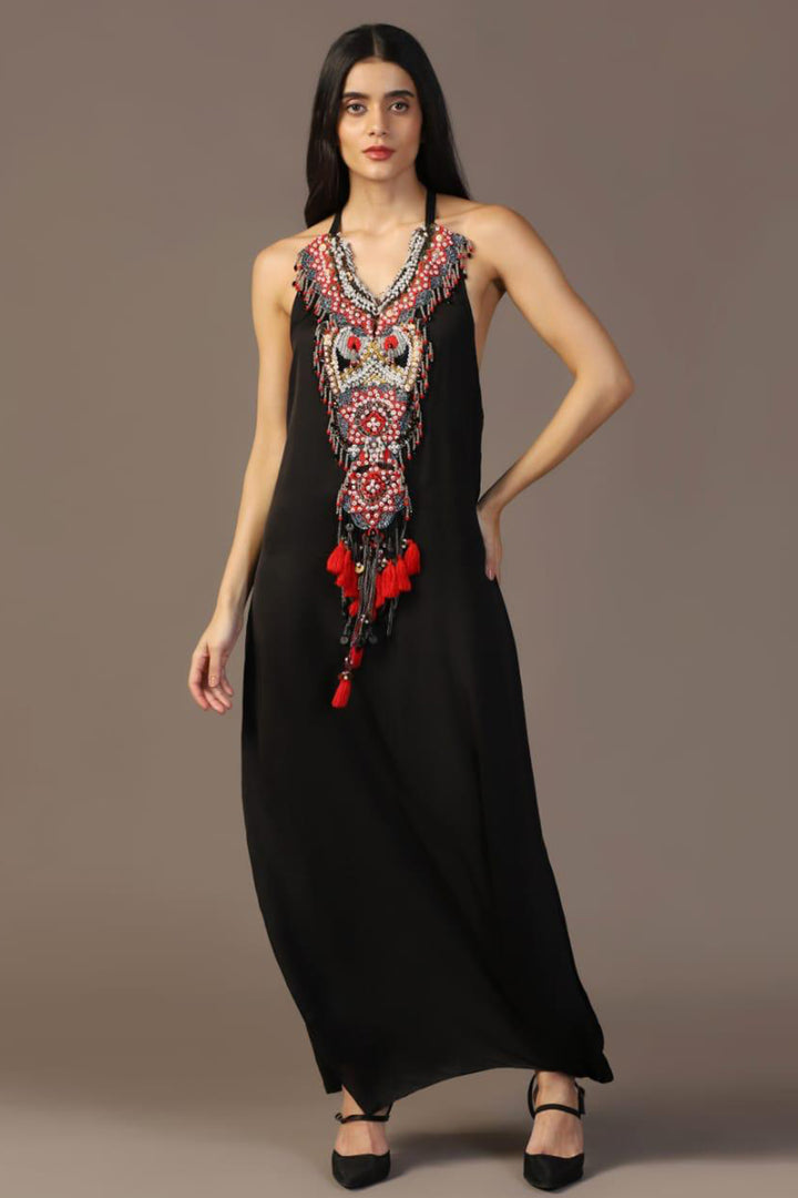 BLACK EMBROIDERED GOWN WITH CAPE SET