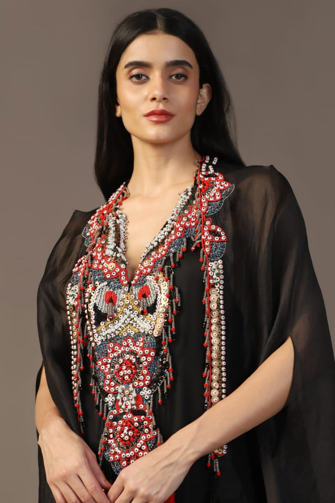 BLACK EMBROIDERED GOWN WITH CAPE SET