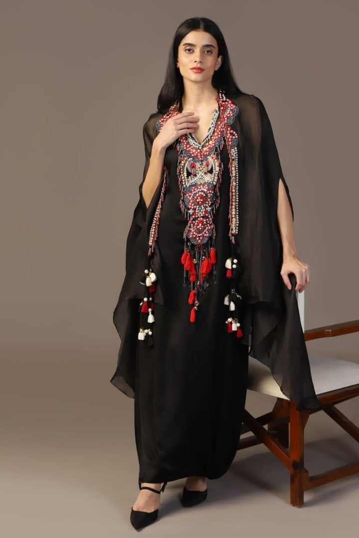 BLACK EMBROIDERED GOWN WITH CAPE SET