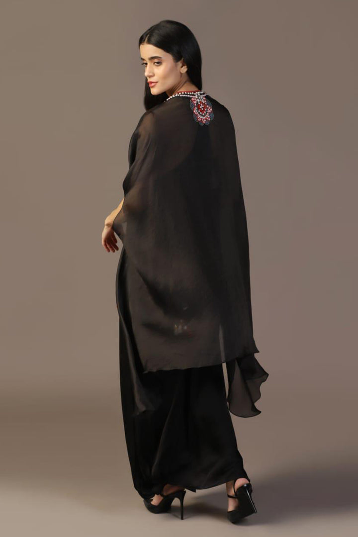 BLACK EMBROIDERED GOWN WITH CAPE SET