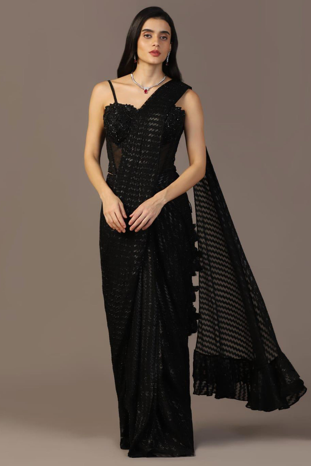 BLACK EMBROIDERED CORSET SAREE