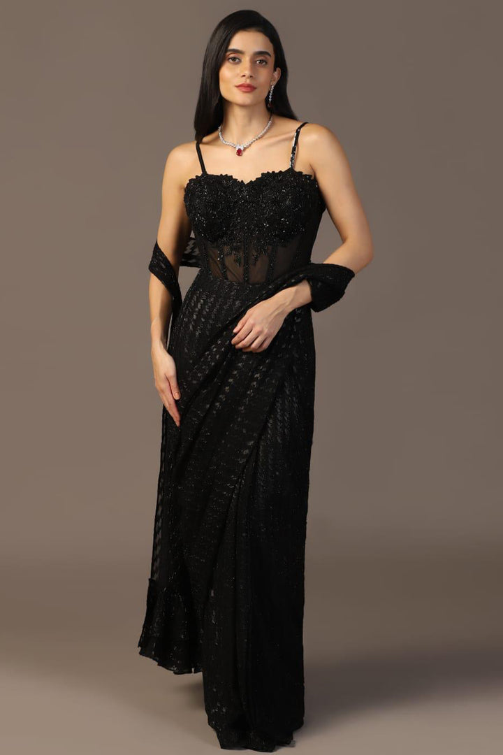 BLACK EMBROIDERED CORSET SAREE