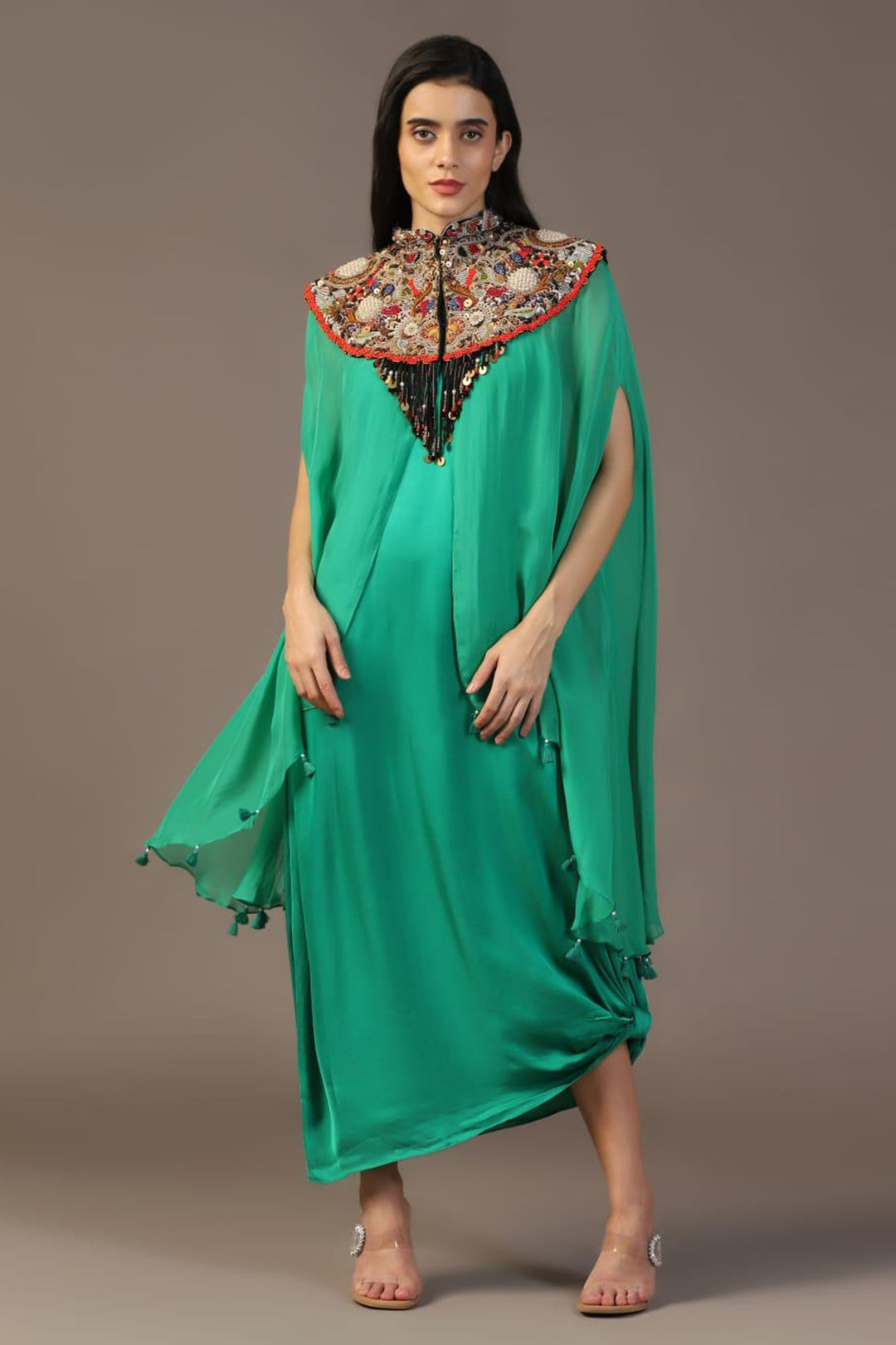 LEAF GREEN GOWN WITH EMBROIDERED CAPE