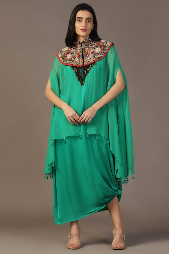 LEAF GREEN GOWN WITH EMBROIDERED CAPE