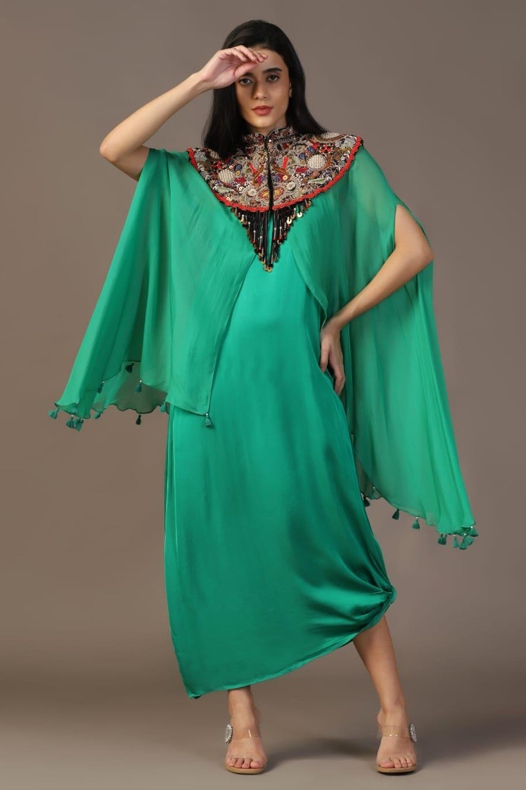 LEAF GREEN GOWN WITH EMBROIDERED CAPE