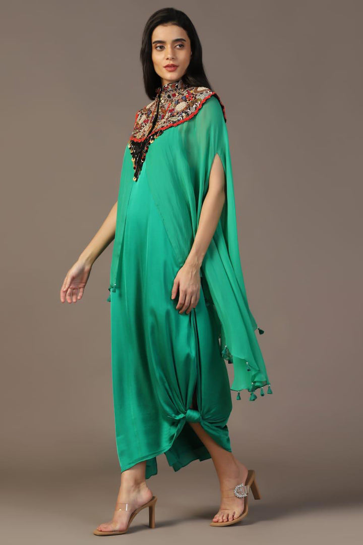 LEAF GREEN GOWN WITH EMBROIDERED CAPE